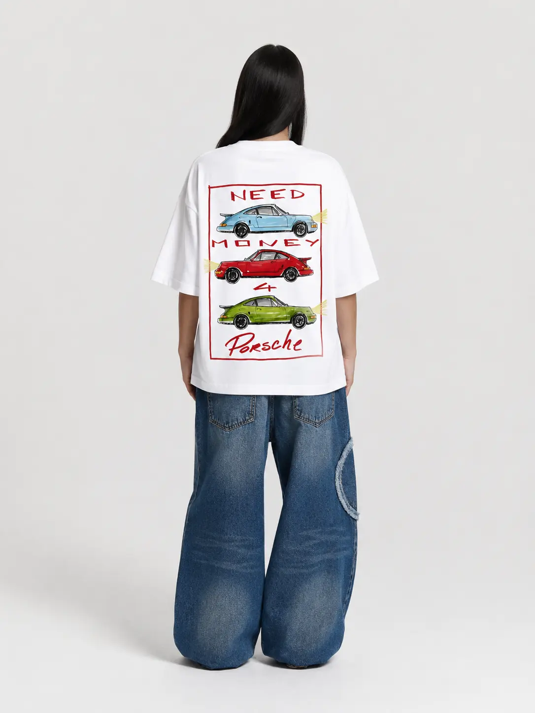"Need Money 4 Porsche" Sketch Oversized Tee – White - alt