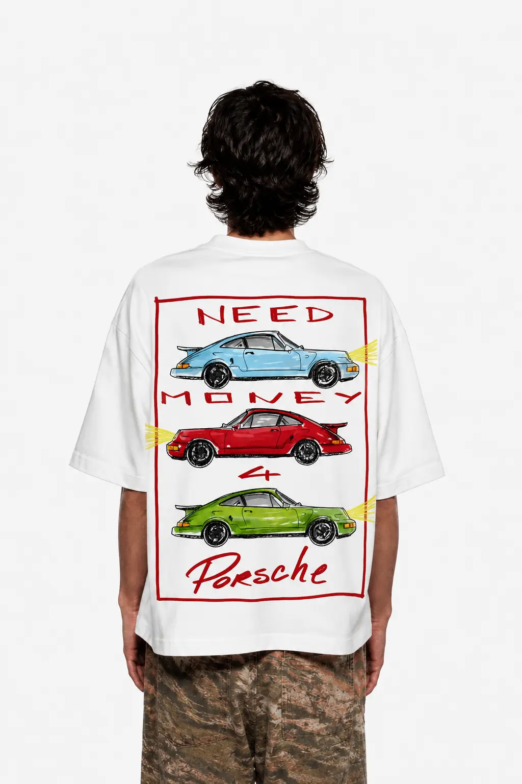 "Need Money 4 Porsche" Sketch Oversized Tee – White